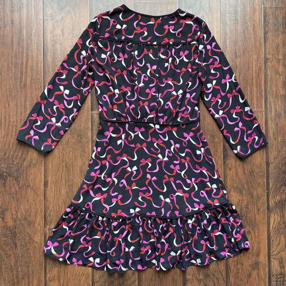 Kate Spade NY Dress Sz 6 Bow Print Ruffle Hem Black Pink Red Holiday Party - Picture 13 of 15
